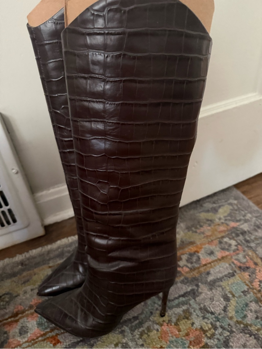 SCHUTZ Croc-Embossed Pointed-Toe Over-the-Knee Boots - Dark Brown - Picture 3 of 6